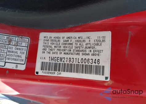 2001 Honda Civic Ex из США, поврежденный, VIN 1HGEM21931L006346